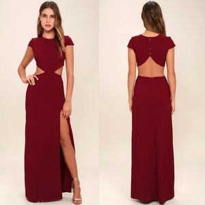 Lulus Conversation Piece Wine Red Backless Maxi Dress Back and Side Cutout XS